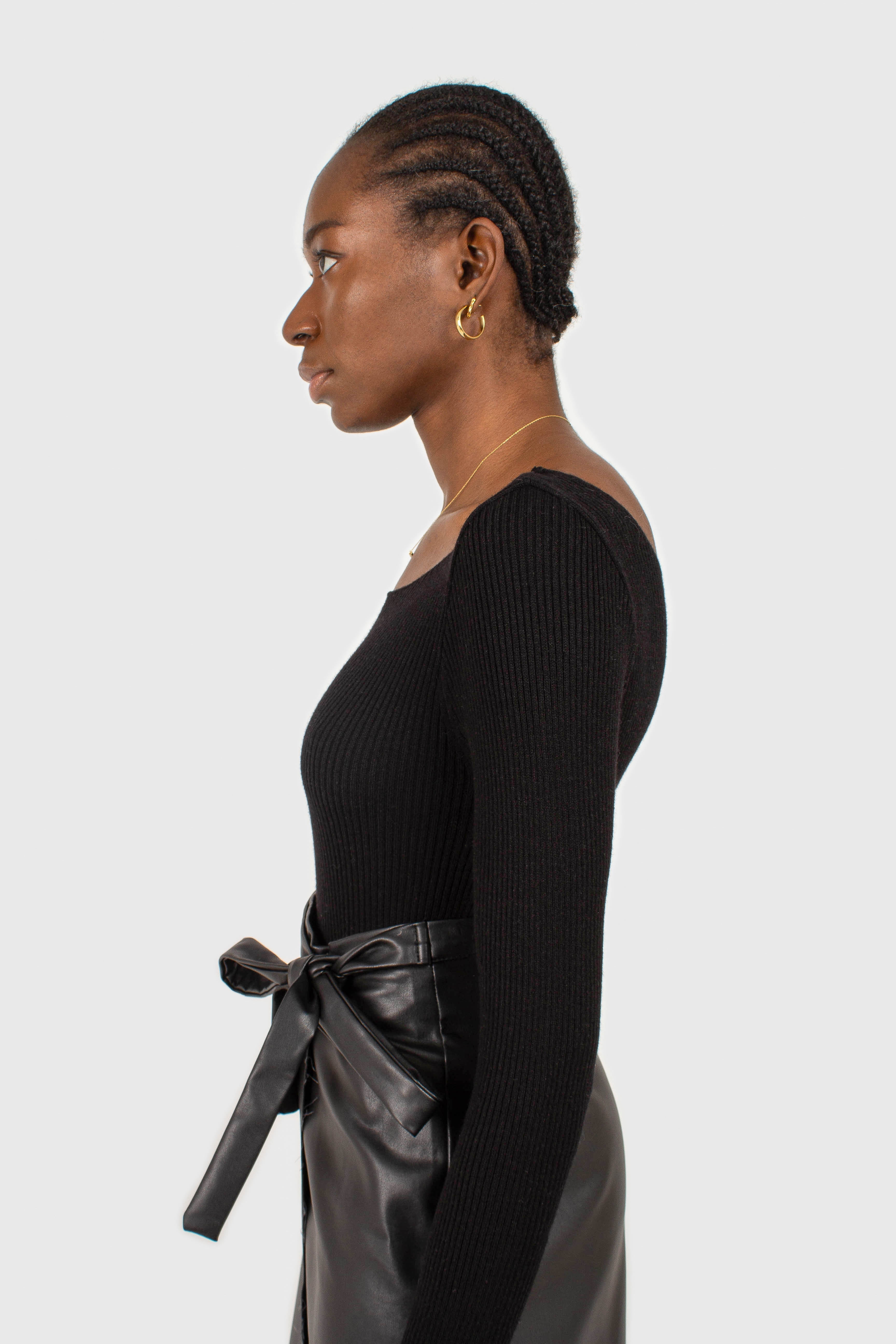 Black cascading hole square neck knit top