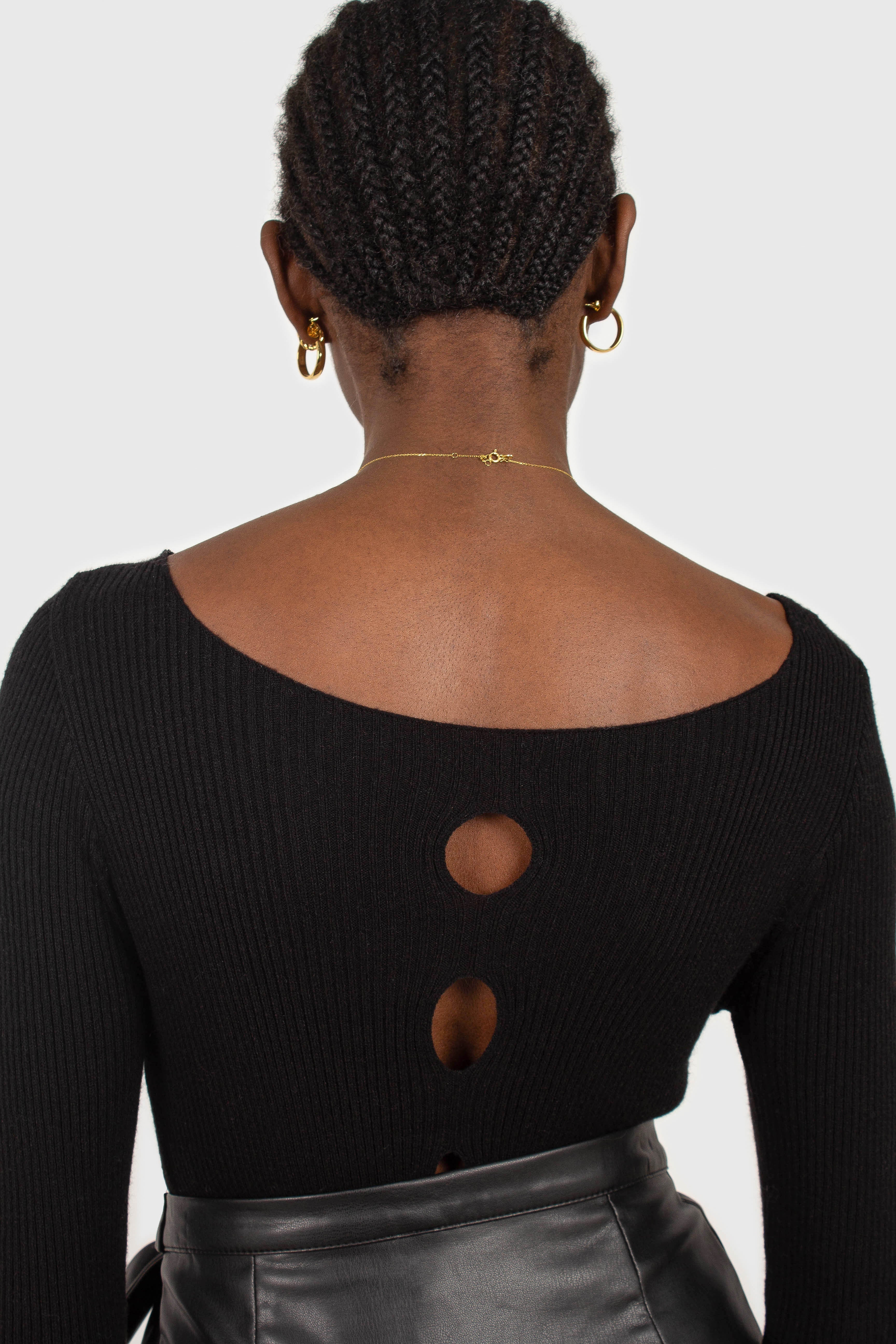 Black cascading hole square neck knit top