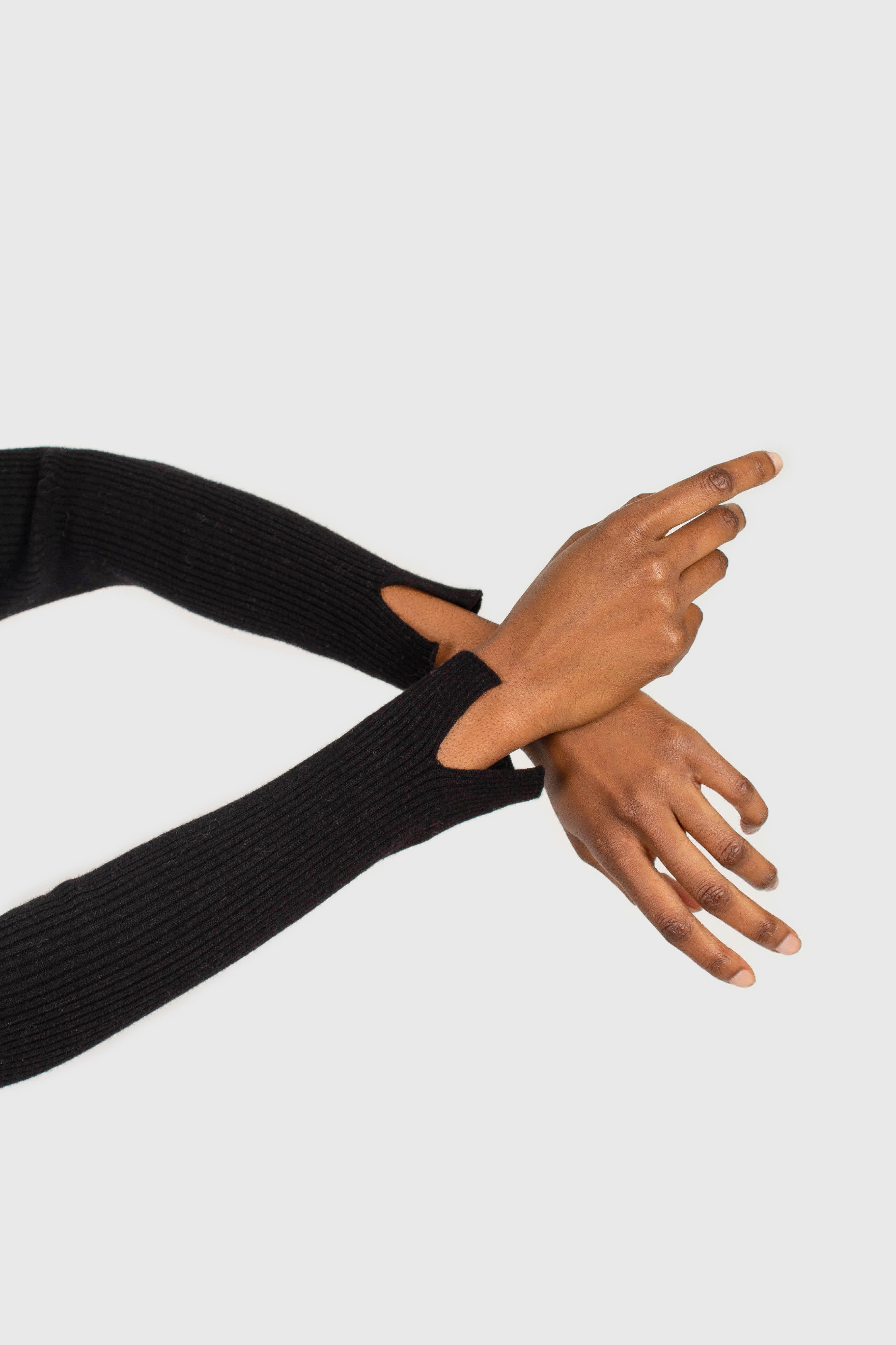 Black cascading hole square neck knit top