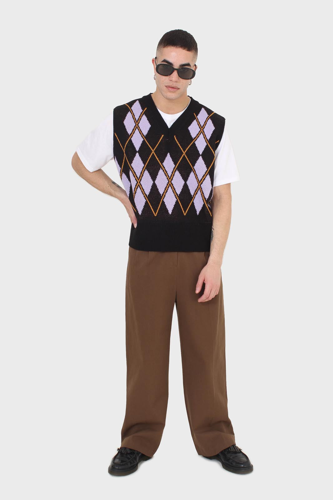 Black and lilac argyle sweater vest