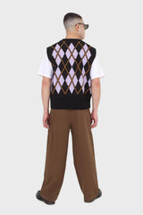 Black and lilac argyle sweater vest