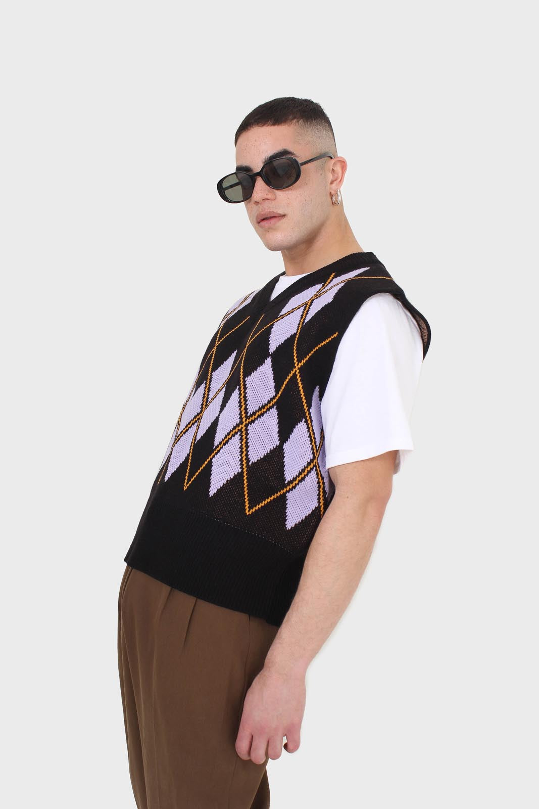 Black and lilac argyle sweater vest
