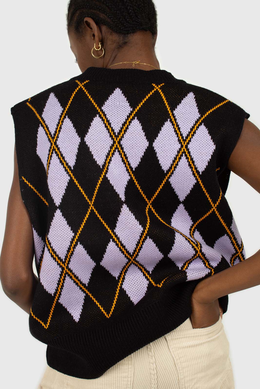 Black and lilac argyle sweater vest