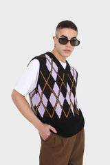 Black and lilac argyle sweater vest