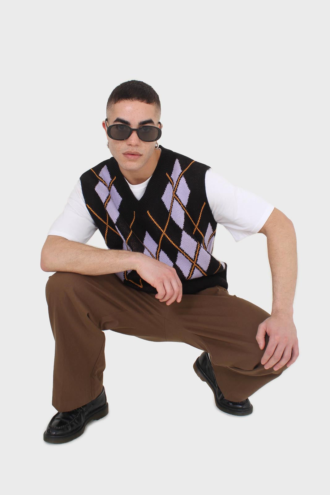 Black and lilac argyle sweater vest