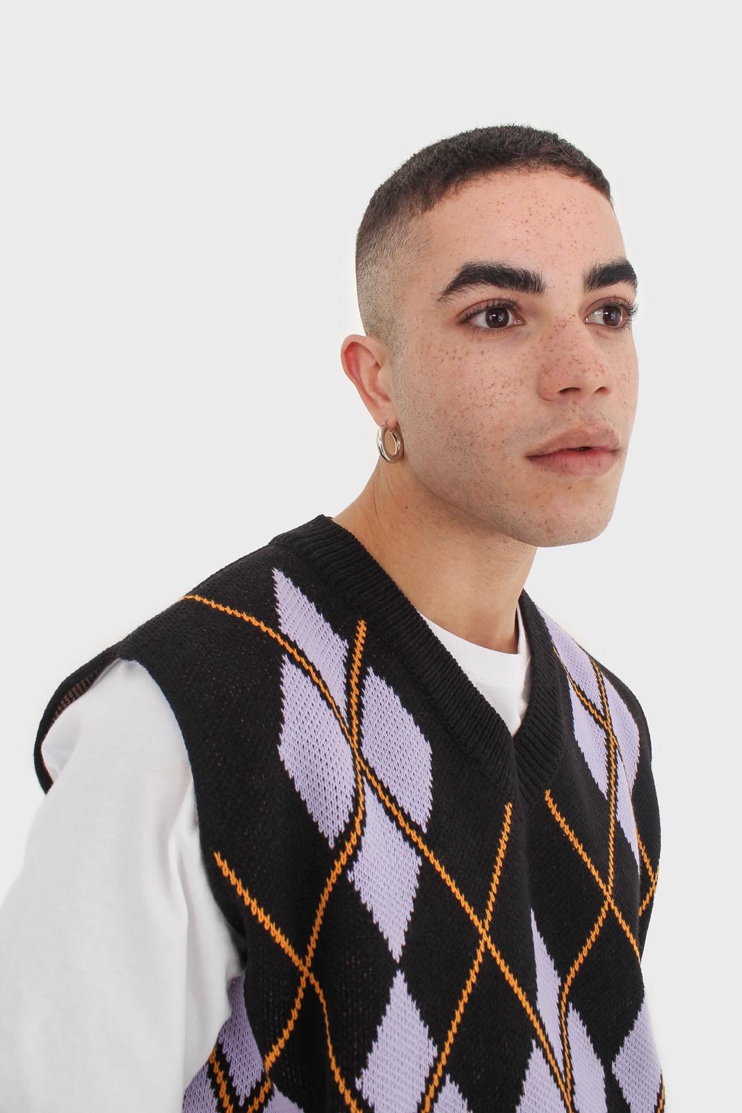 Black and lilac argyle sweater vest