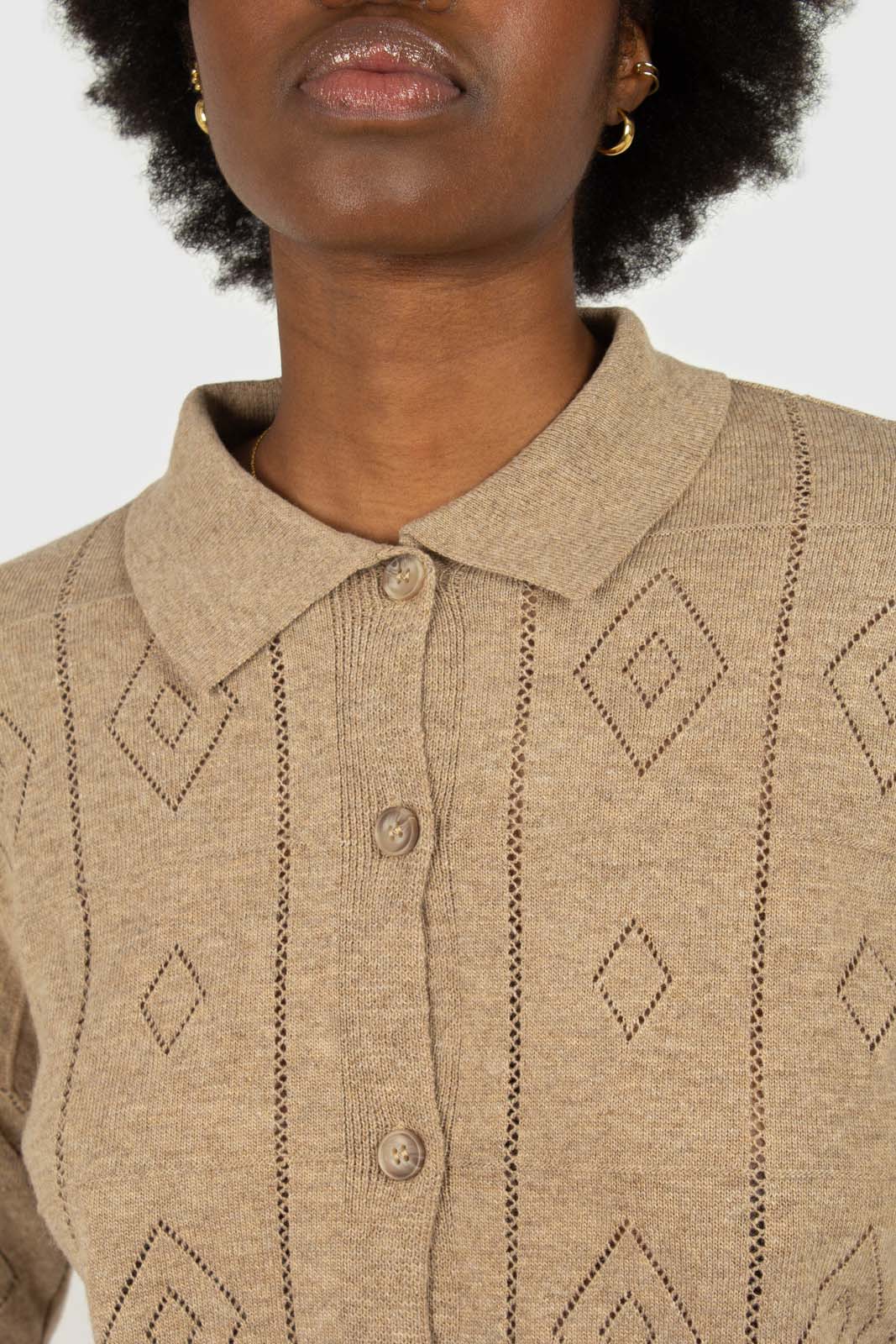 Beige patterned wool-blend knit polo top