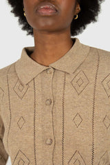 Beige patterned wool-blend knit polo top