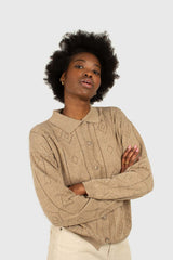Beige patterned wool-blend knit polo top