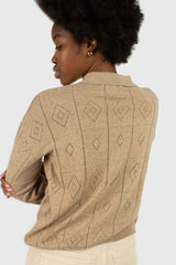 Beige patterned wool-blend knit polo top