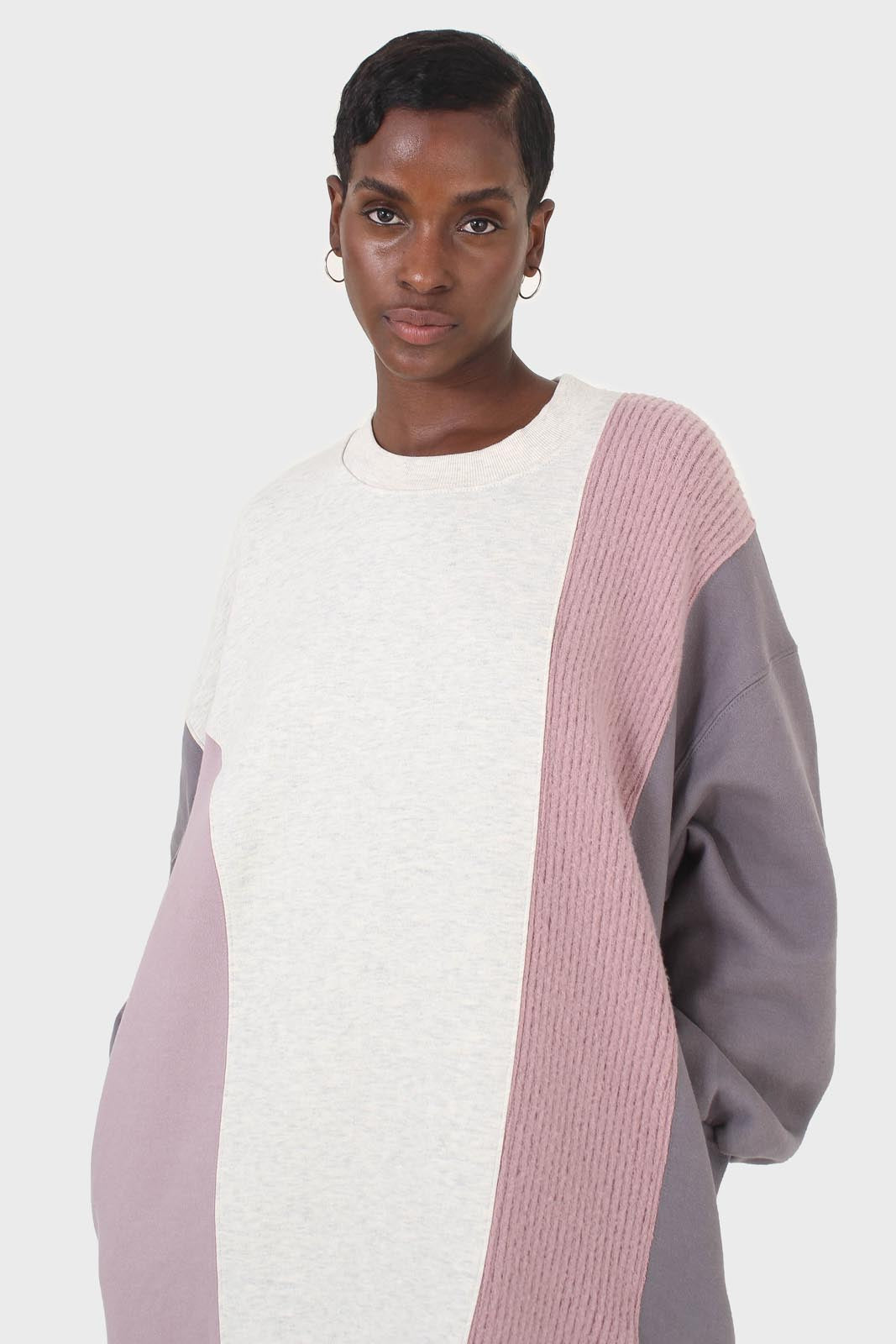 Grey and pink color block sweatshirt dress