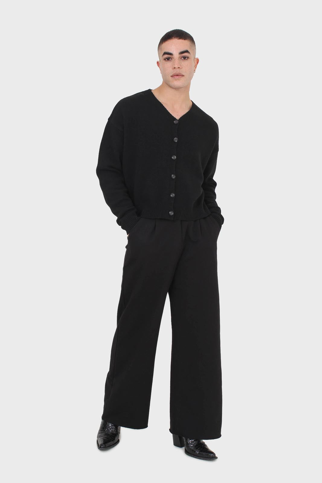 Black wool blend v-neck loose fit cardigan
