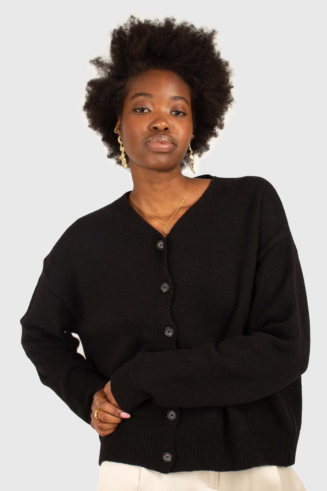 Black wool blend v-neck loose fit cardigan