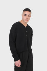 Black wool blend v-neck loose fit cardigan