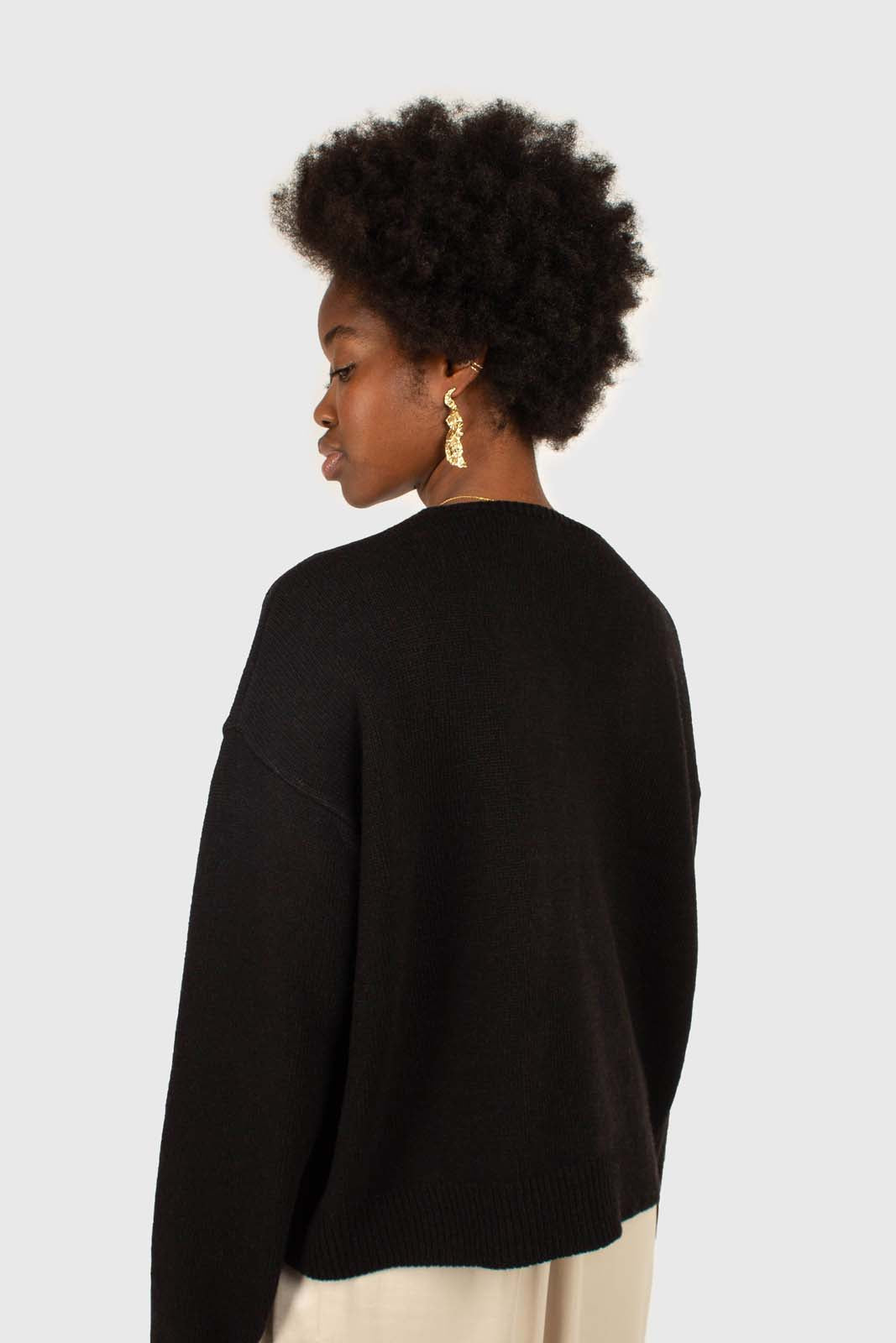 Black wool blend v-neck loose fit cardigan