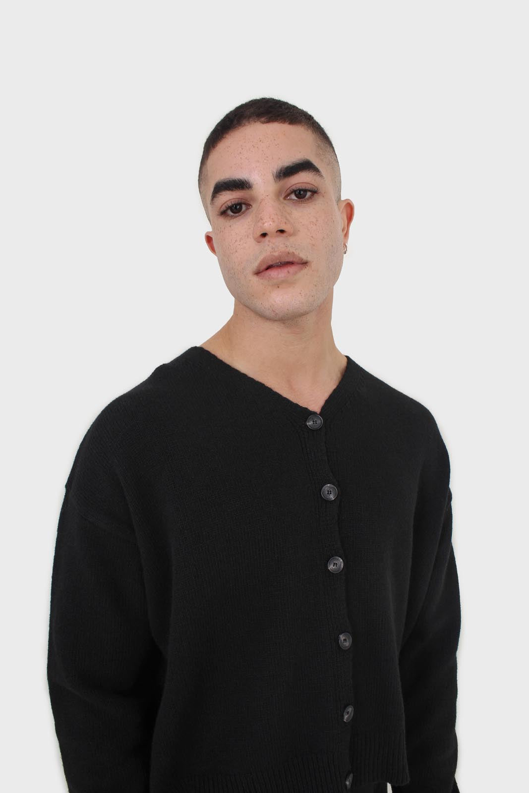 Black wool blend v-neck loose fit cardigan
