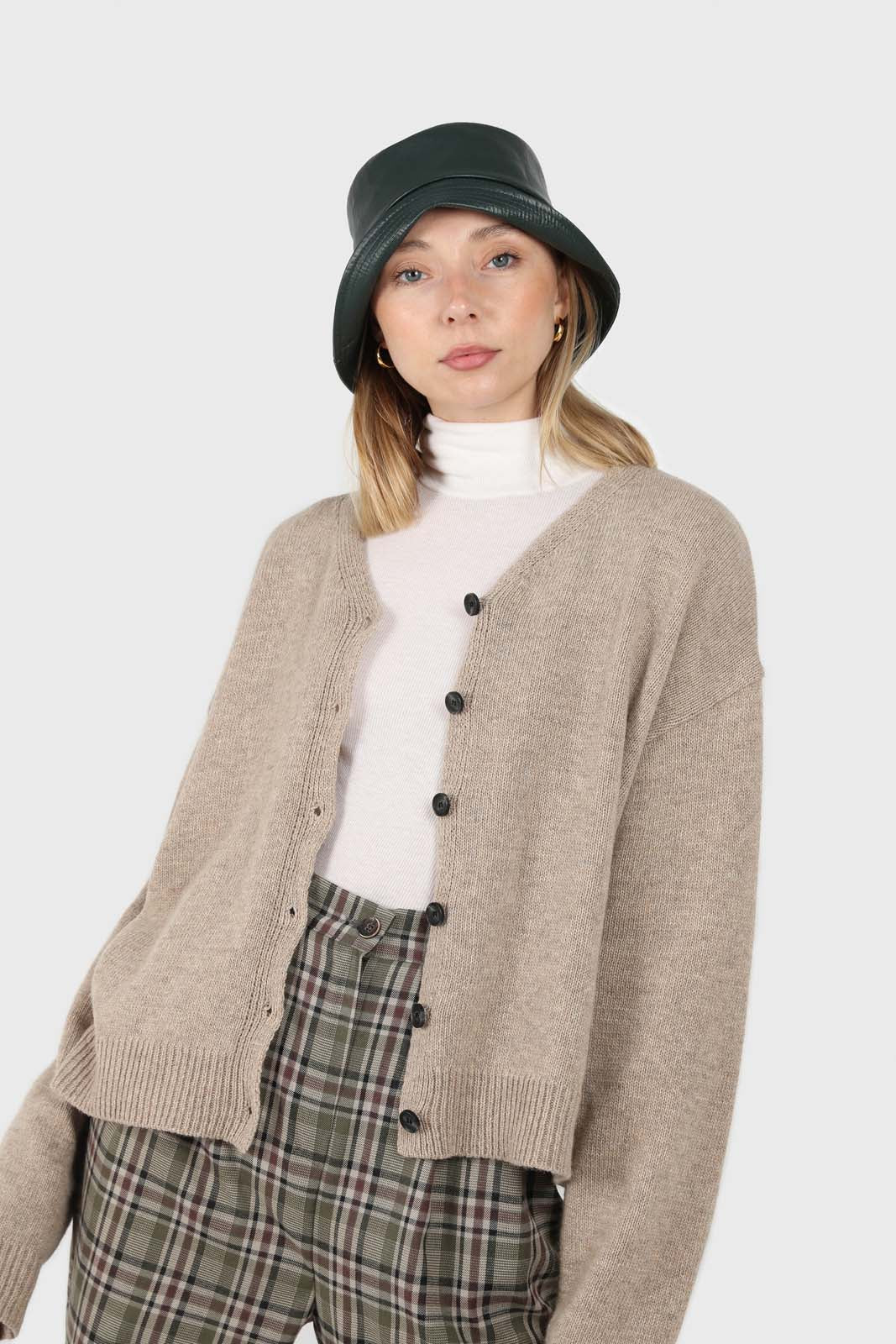 Light beige wool blend v-neck loose fit cardigan