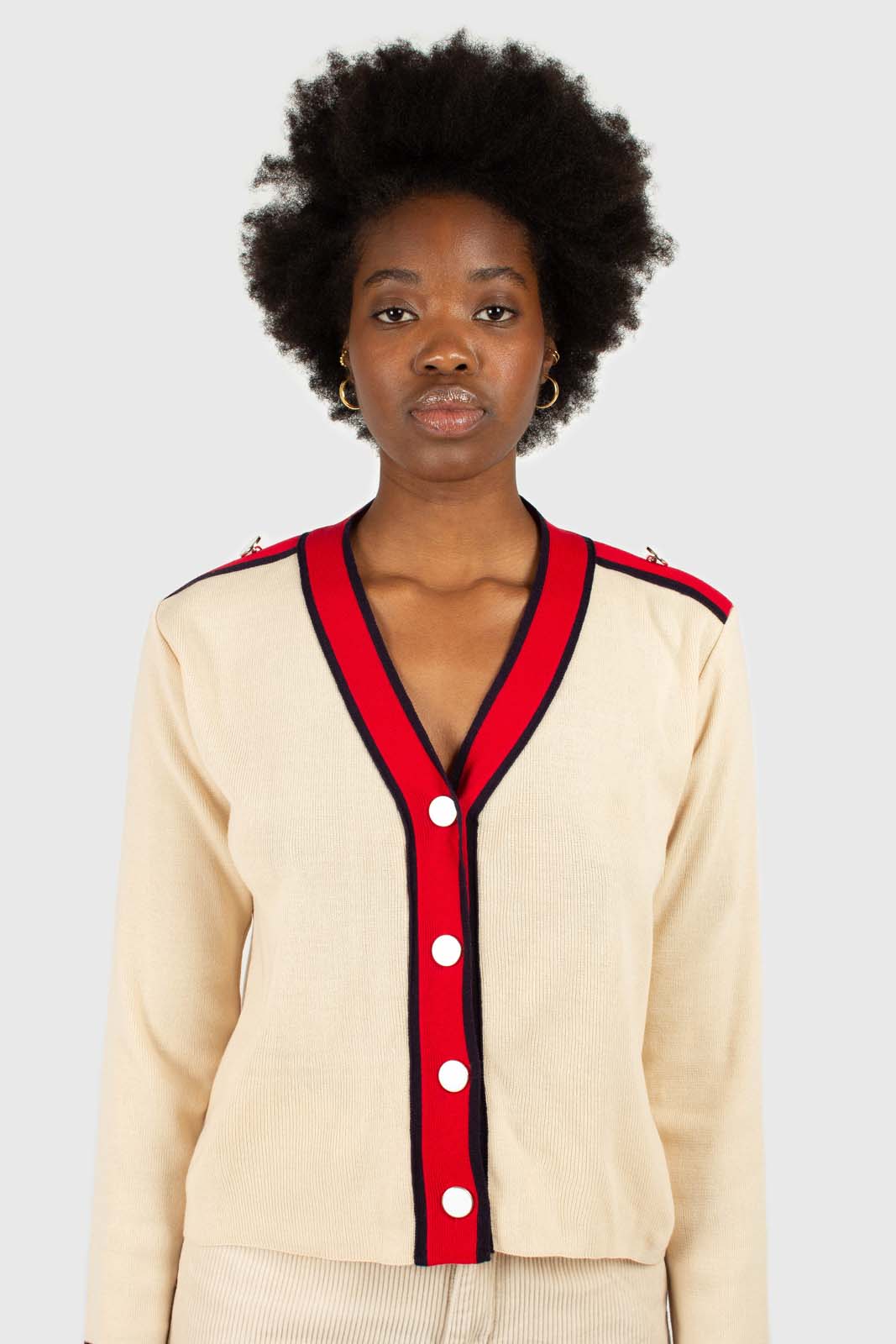 Light beige and red contrast trim cardigan