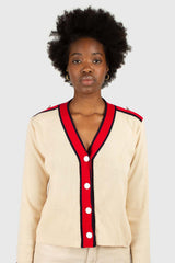 Light beige and red contrast trim cardigan