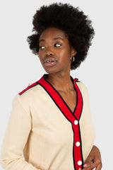 Light beige and red contrast trim cardigan