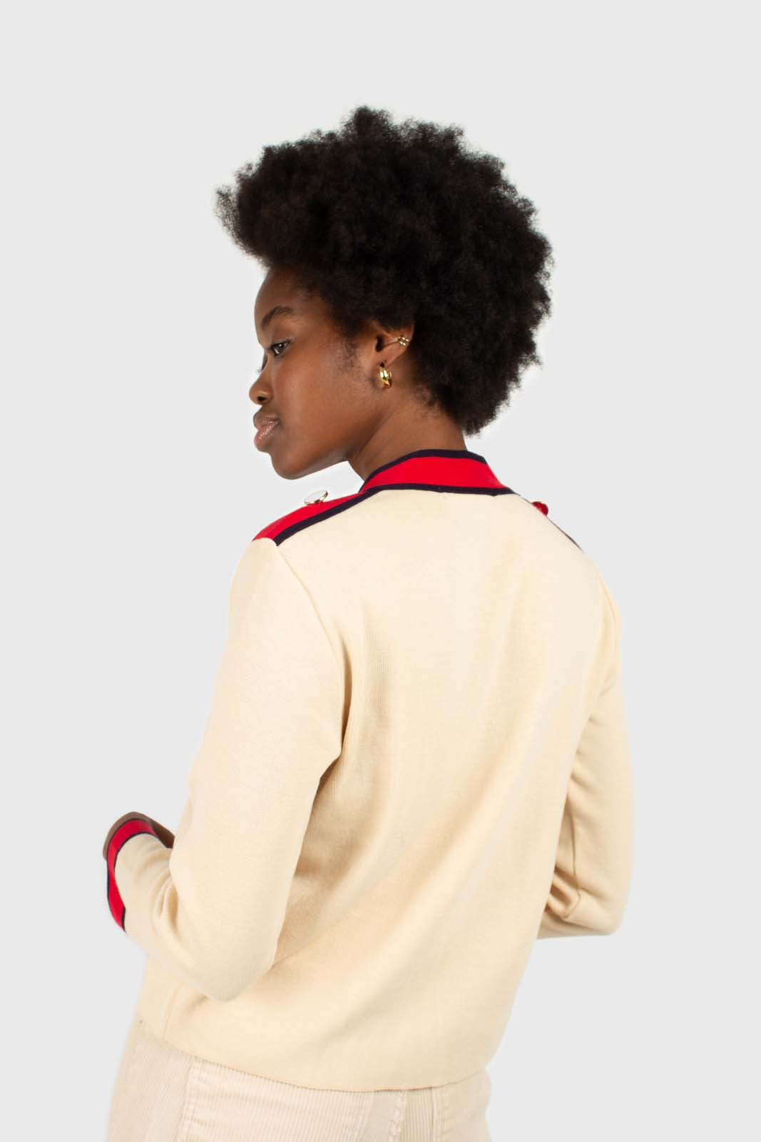 Light beige and red contrast trim cardigan