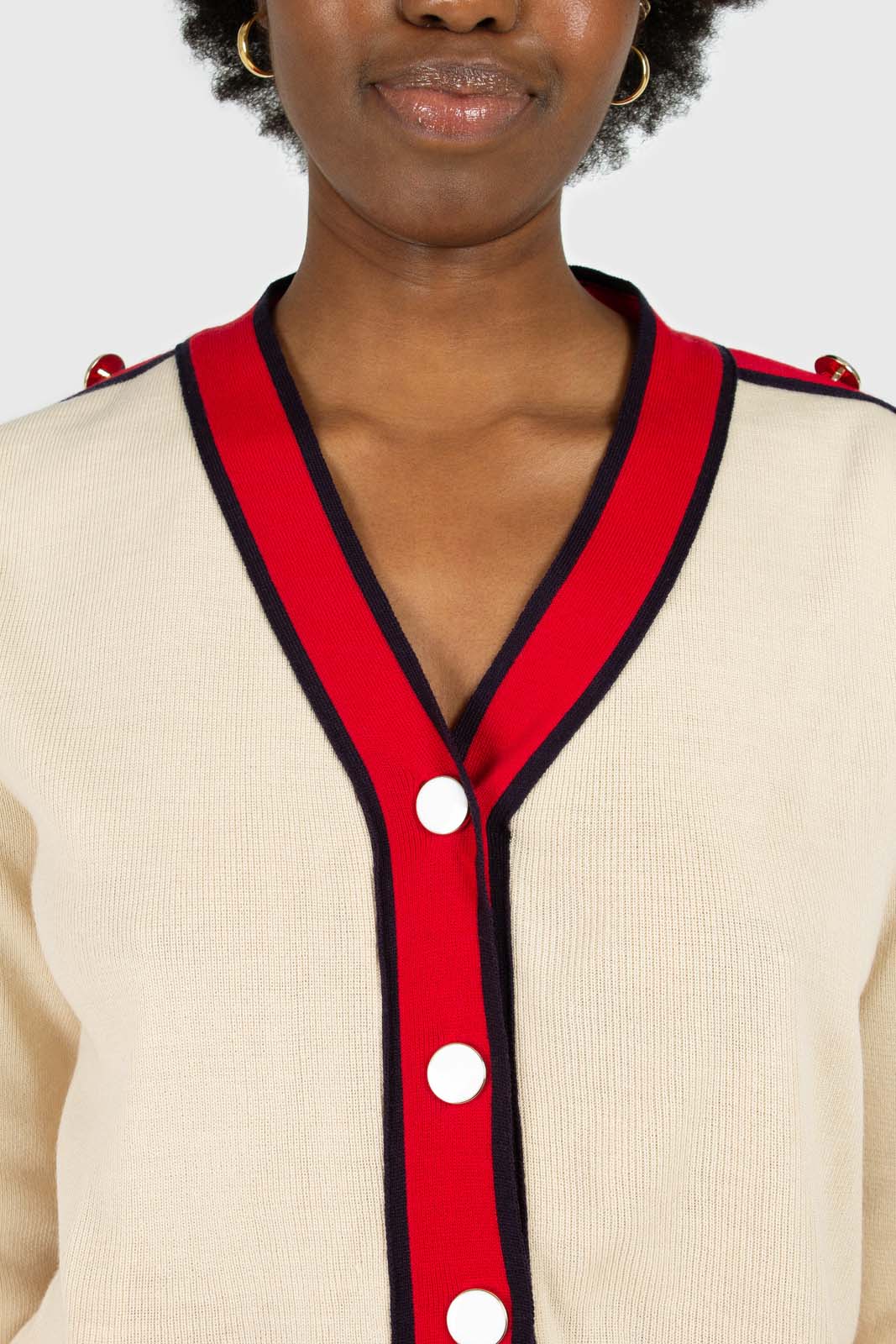 Light beige and red contrast trim cardigan