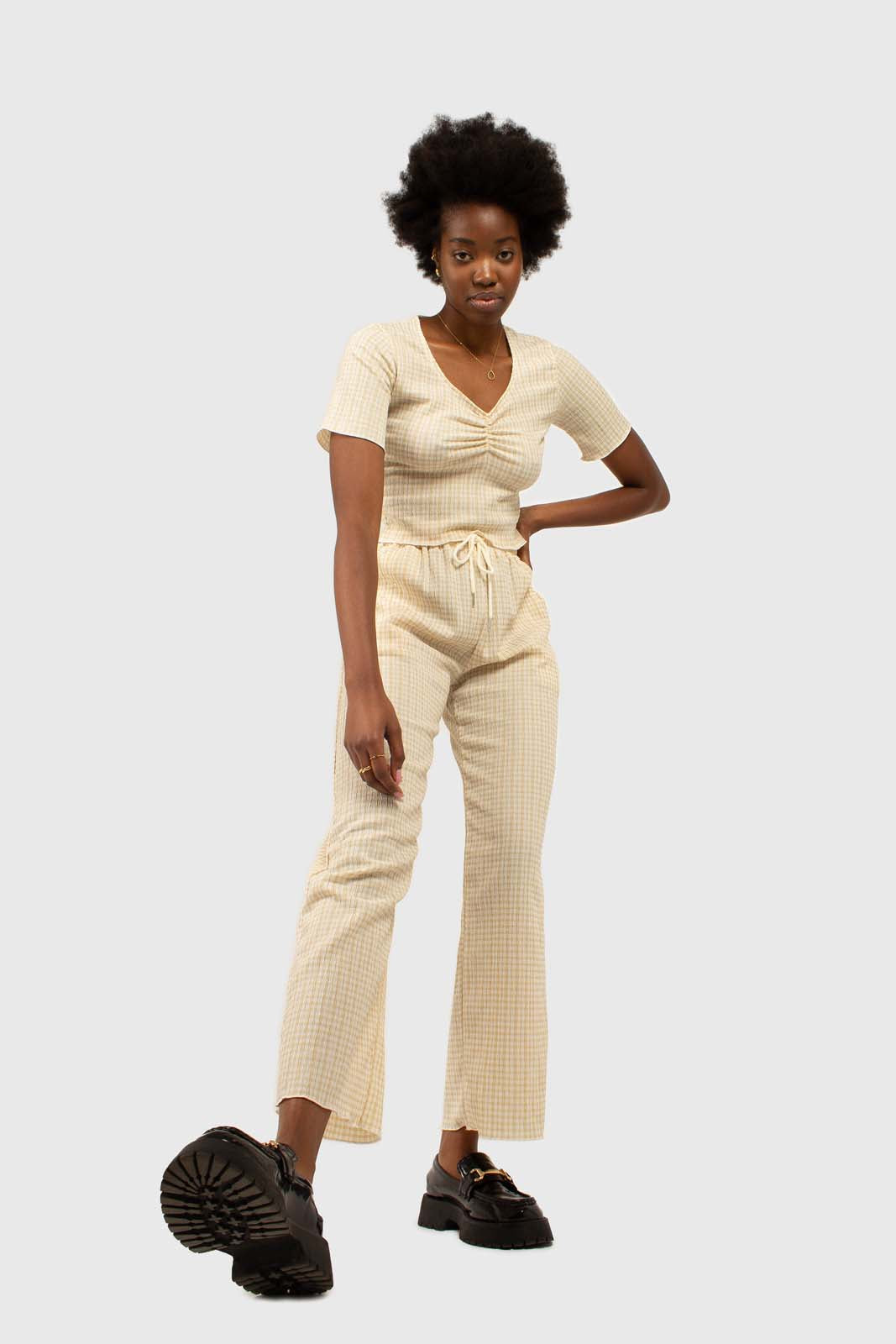 Beige gingham ruched neck tee
