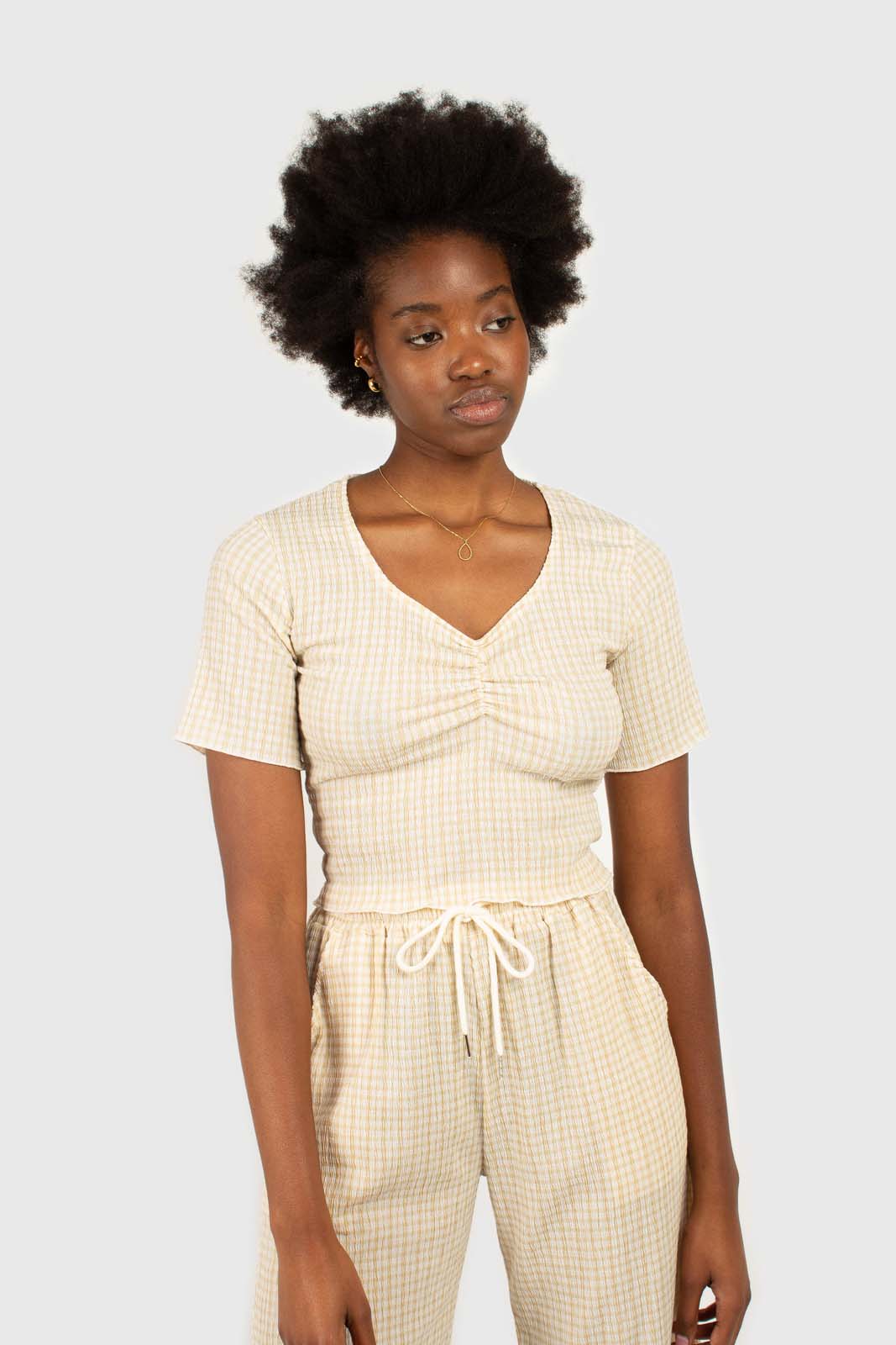Beige gingham ruched neck tee
