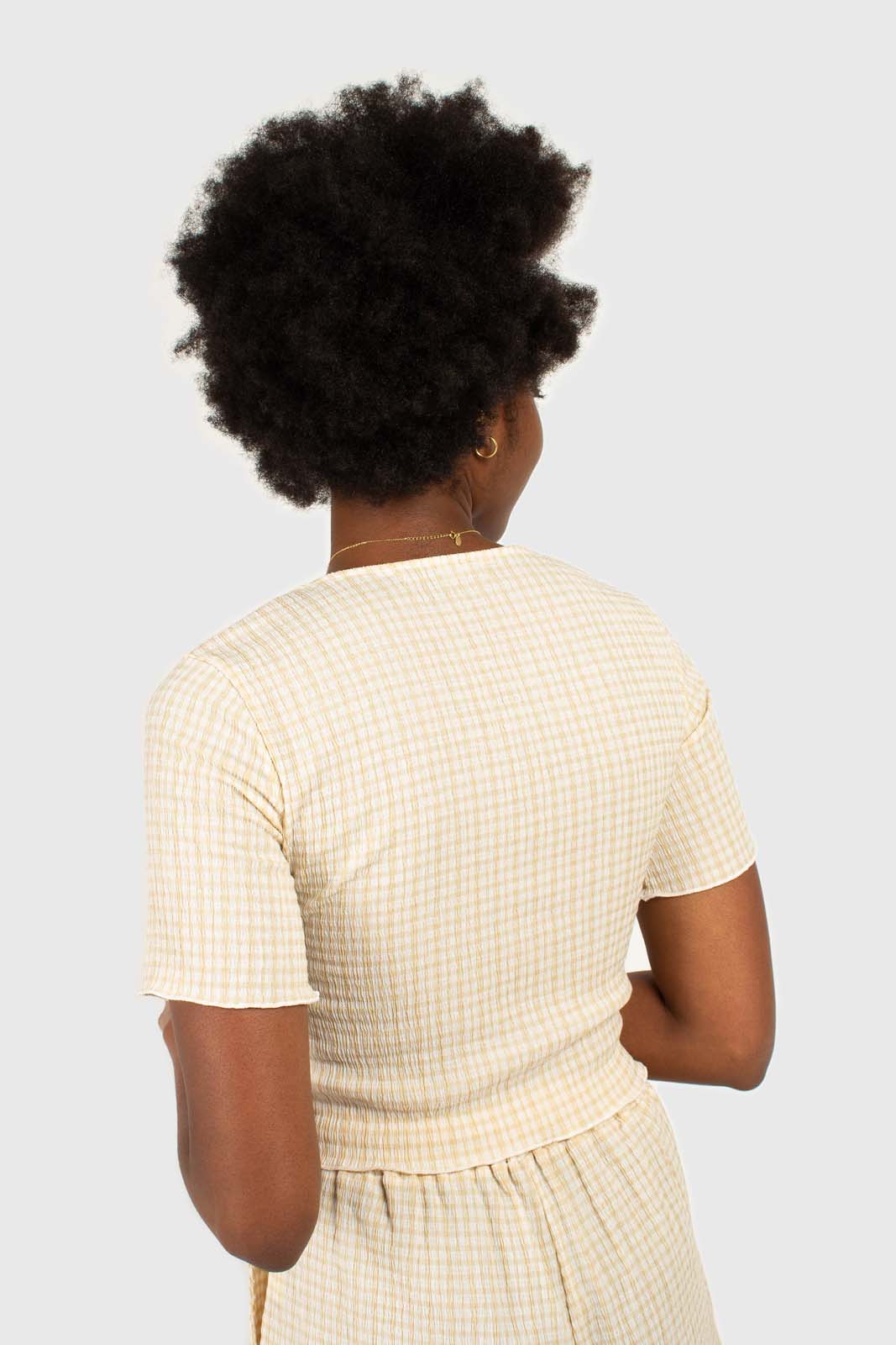 Beige gingham ruched neck tee