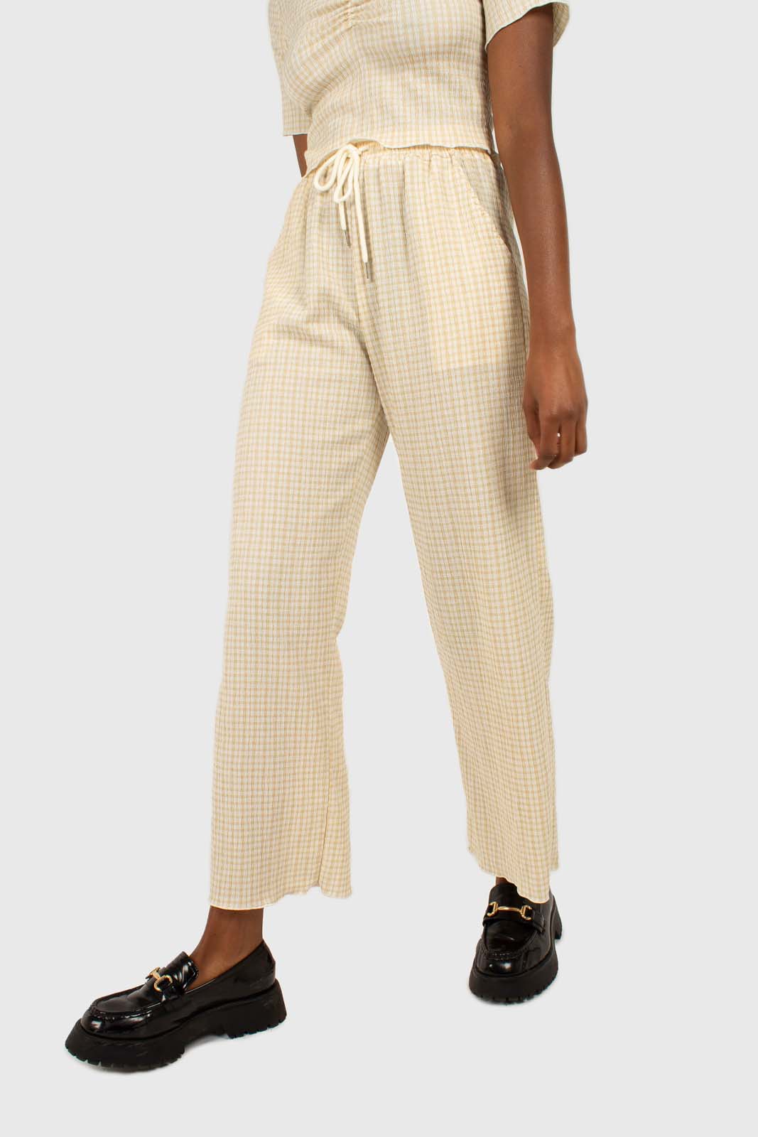 Beige gingham loose fit drawstring trousers
