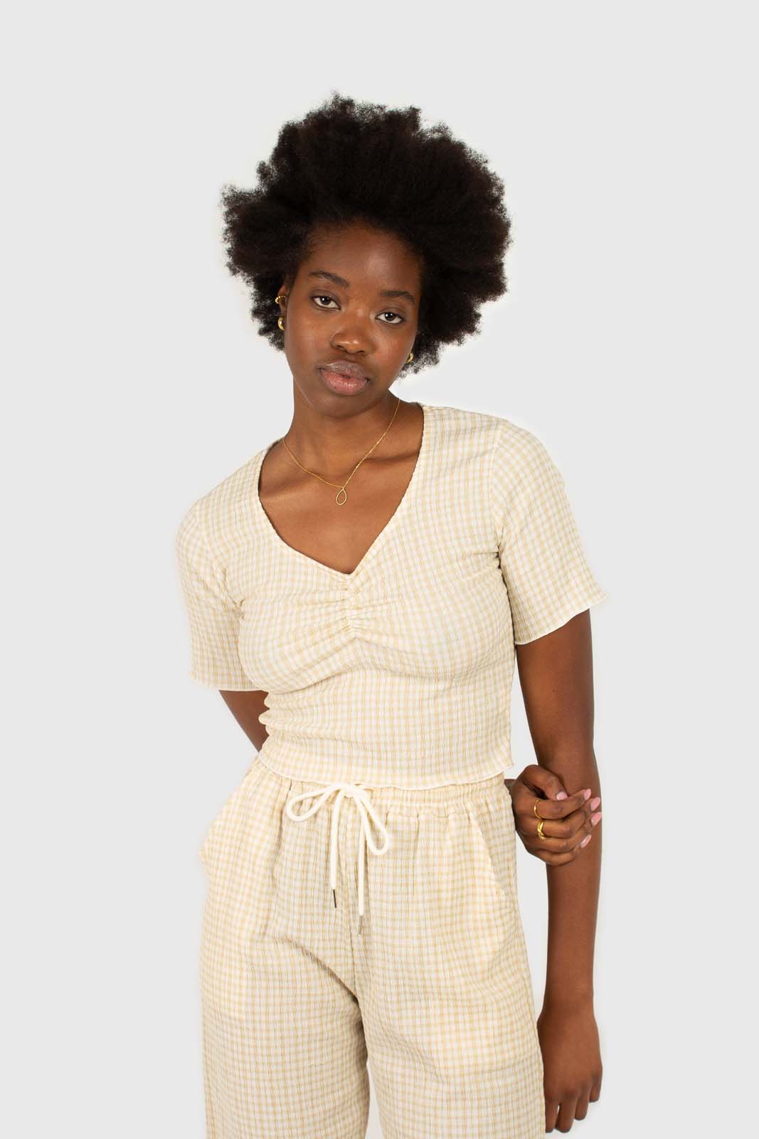 Beige gingham loose fit drawstring trousers