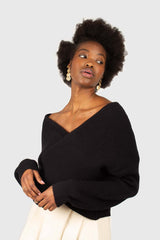 Black cross front panel knit top