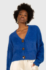 Bright blue fuzzy tortoise shell button cardigan