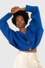 Bright blue fuzzy tortoise shell button cardigan