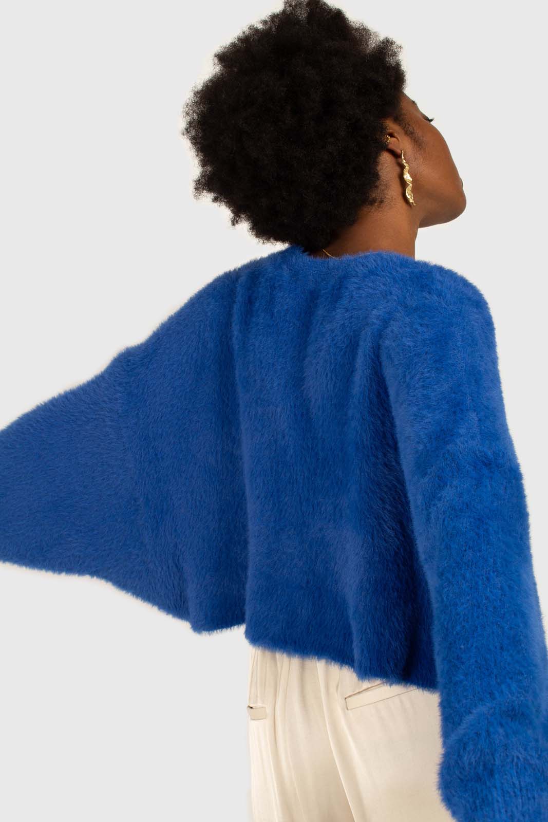 Bright blue fuzzy tortoise shell button cardigan