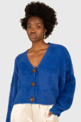 Bright blue fuzzy tortoise shell button cardigan