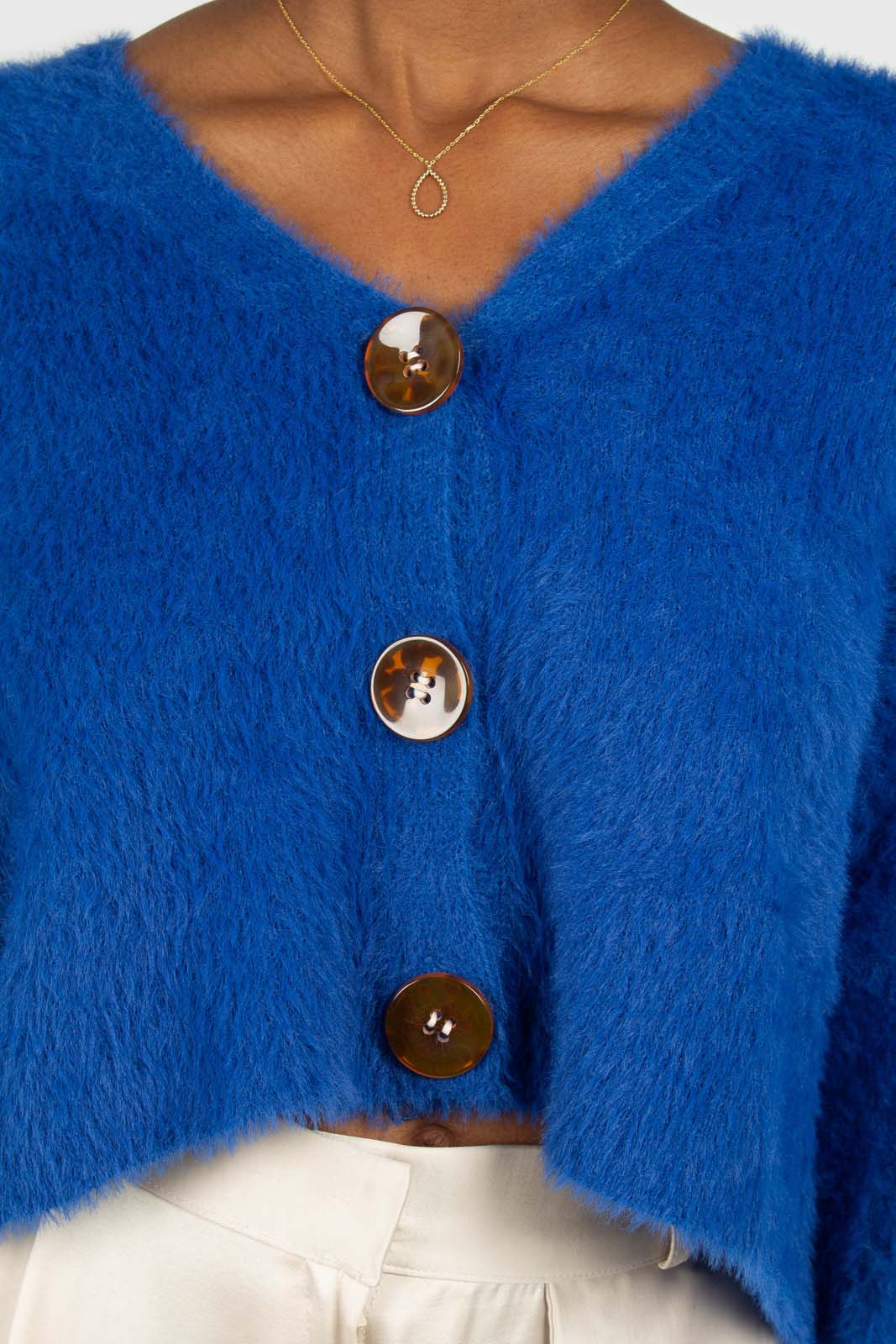 Bright blue fuzzy tortoise shell button cardigan