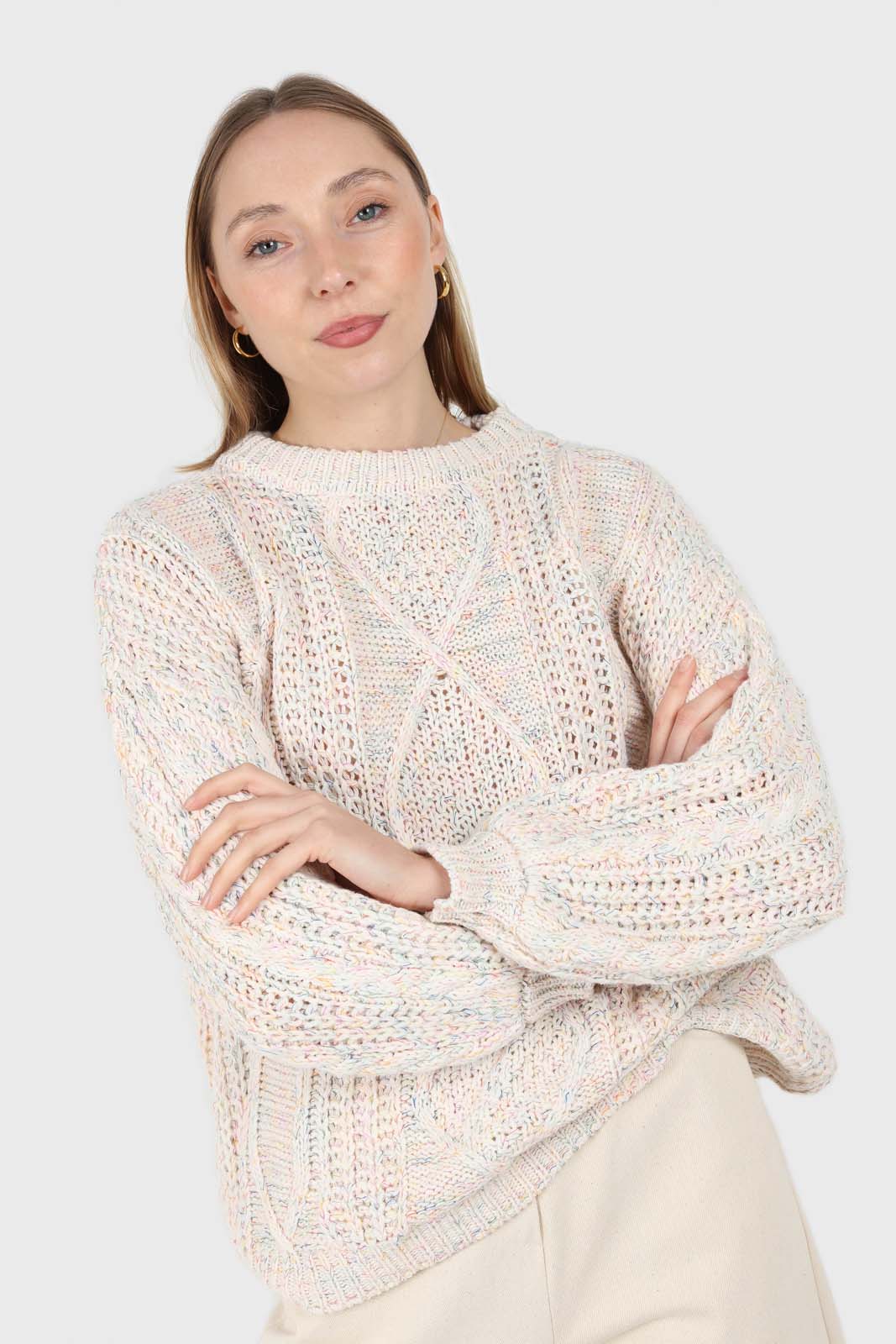 Ivory rainbow fleck oversized balloon sleeve jumper