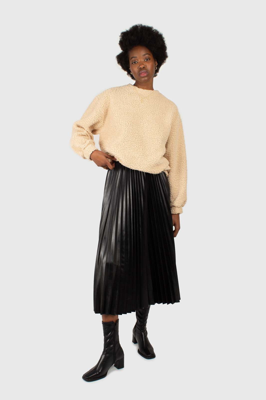 Black vegan leather pleated midi skirt