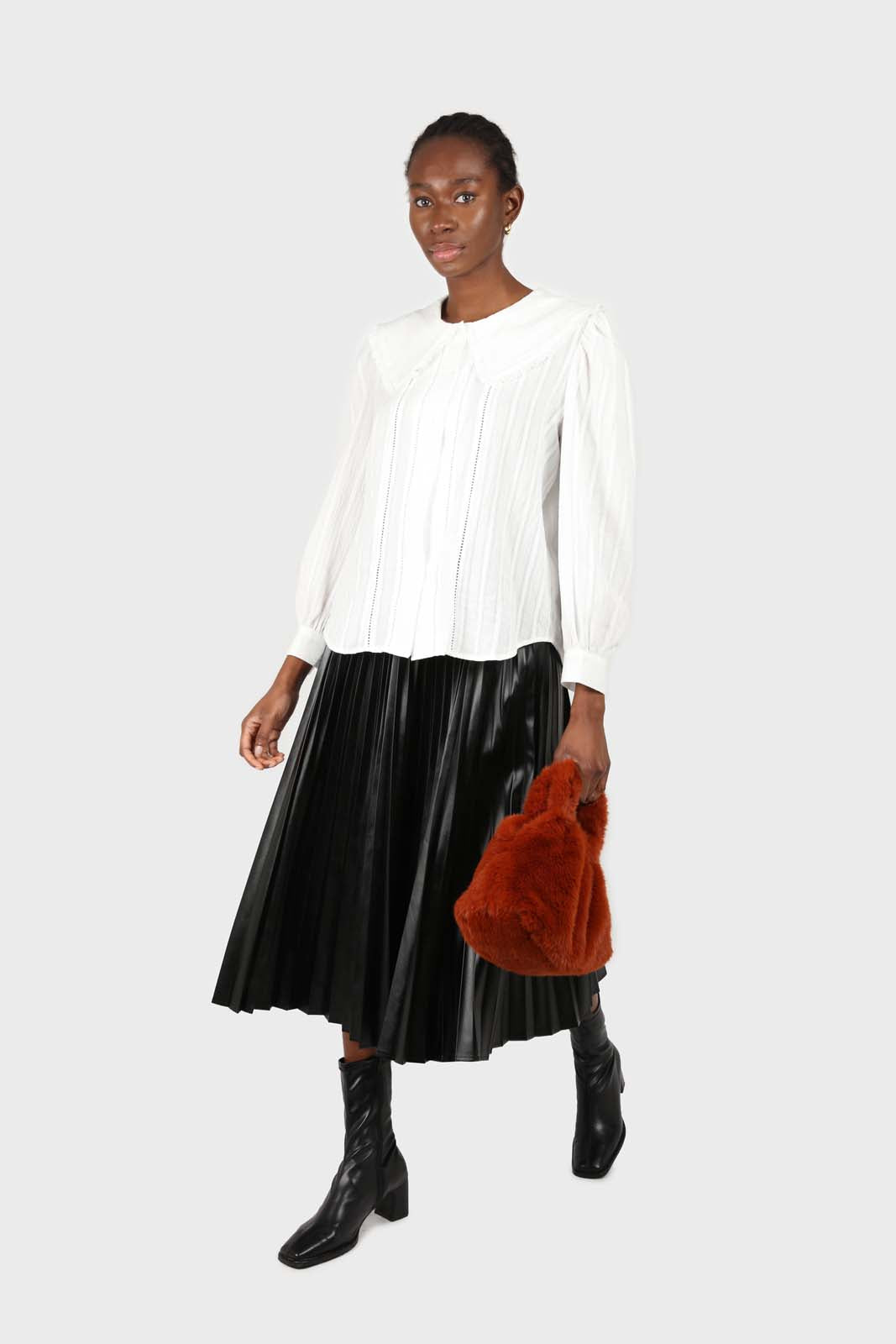Black vegan leather pleated midi skirt