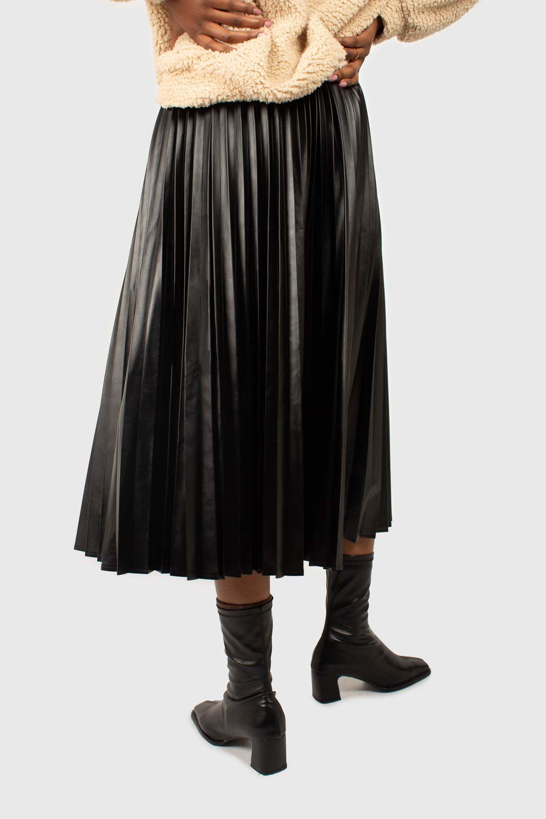 Black vegan leather pleated midi skirt
