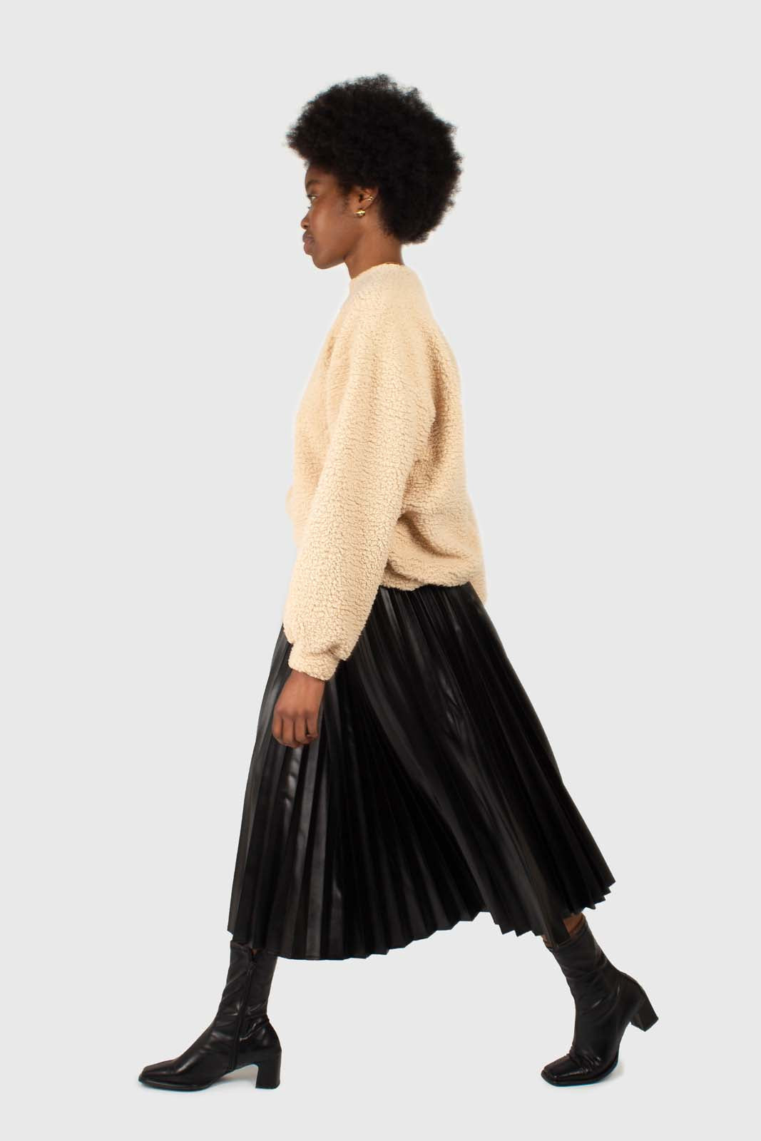 Black vegan leather pleated midi skirt
