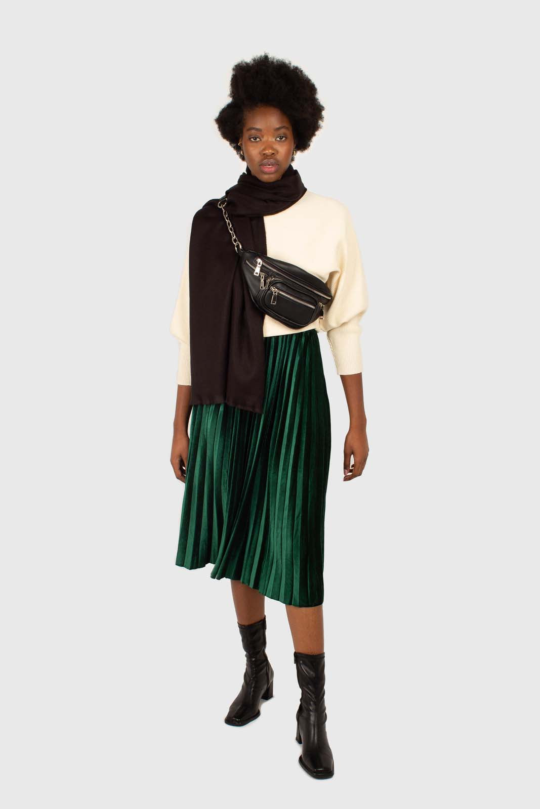 Green velvet pleated midi skirt