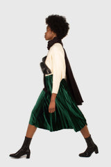 Green velvet pleated midi skirt