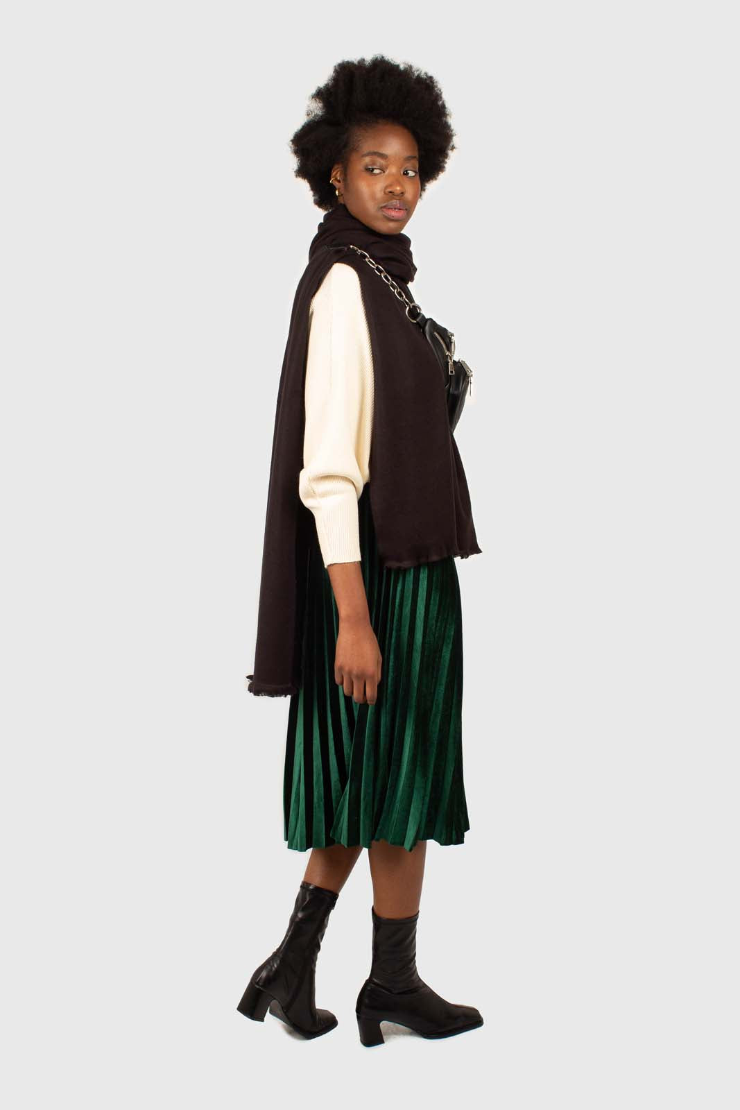 Green velvet pleated midi skirt