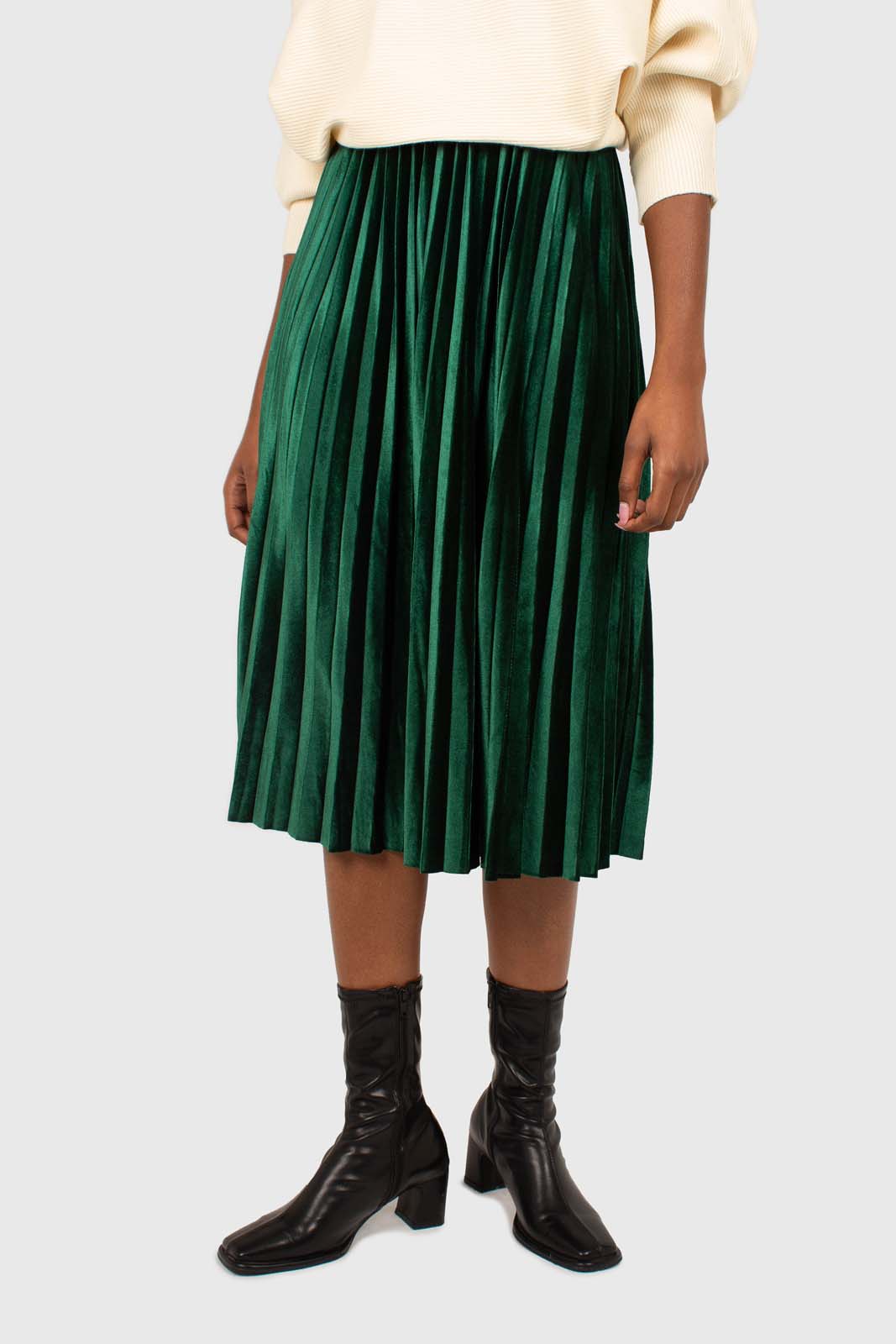 Green velvet pleated midi skirt