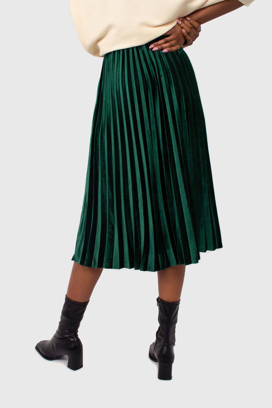 Green velvet pleated midi skirt