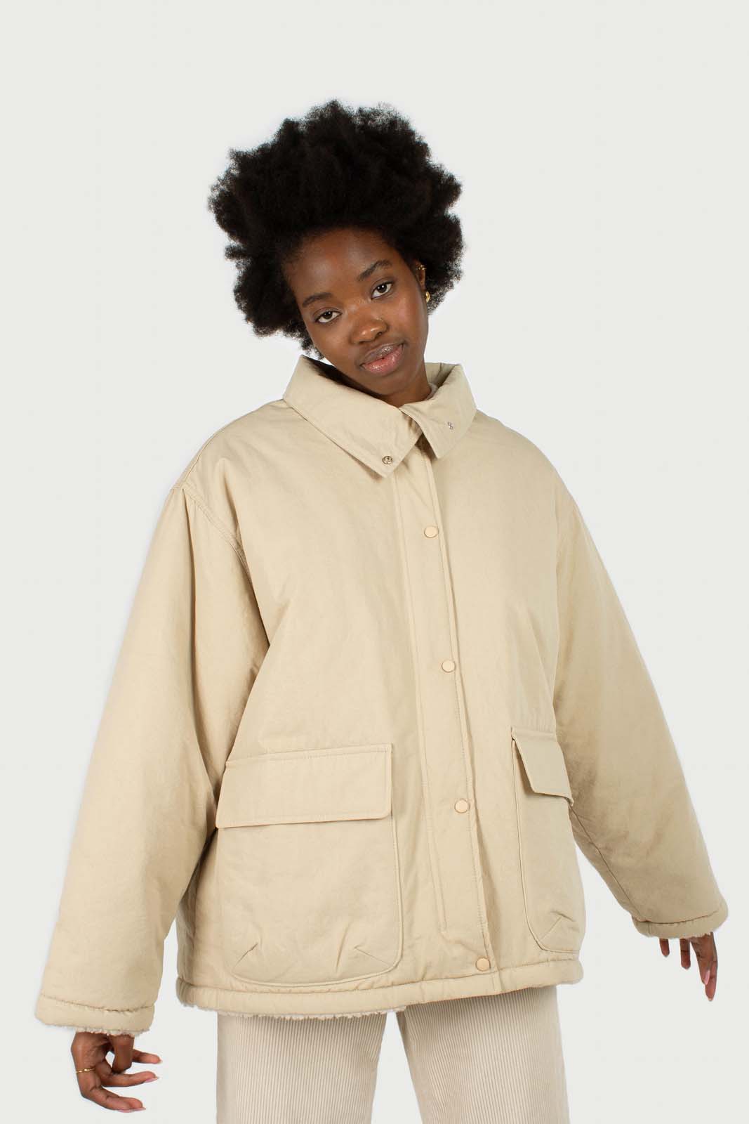 Beige teddy lined cinch back parka