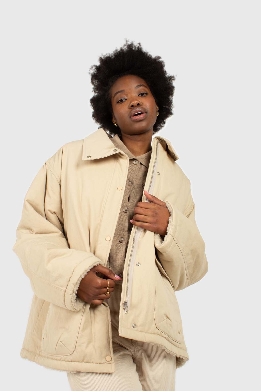 Beige teddy lined cinch back parka