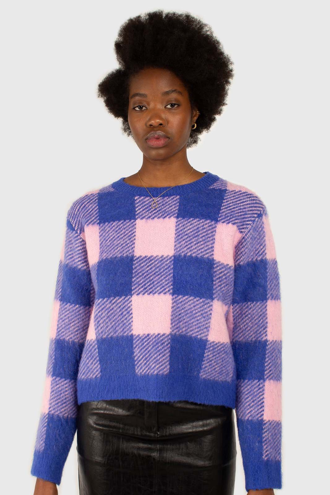 Bright blue and pink block plaid jumper